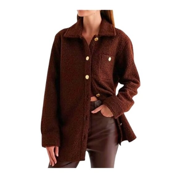 Express Jackets & Blazers - NWT Express Brown Teddy Jacket – Size Small – Faux Fur w/ Gold Button Details